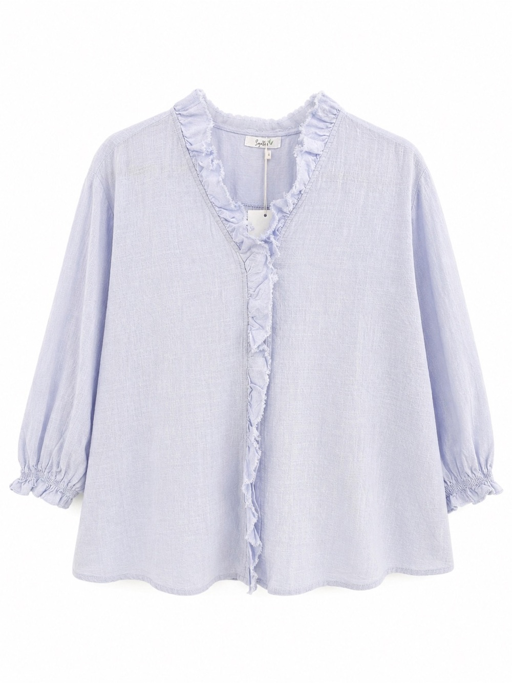 Sage Vell Frayed Ruffle Trim Blouse Light Blue Cotton Blend 3/4 Sleeve XL NWT